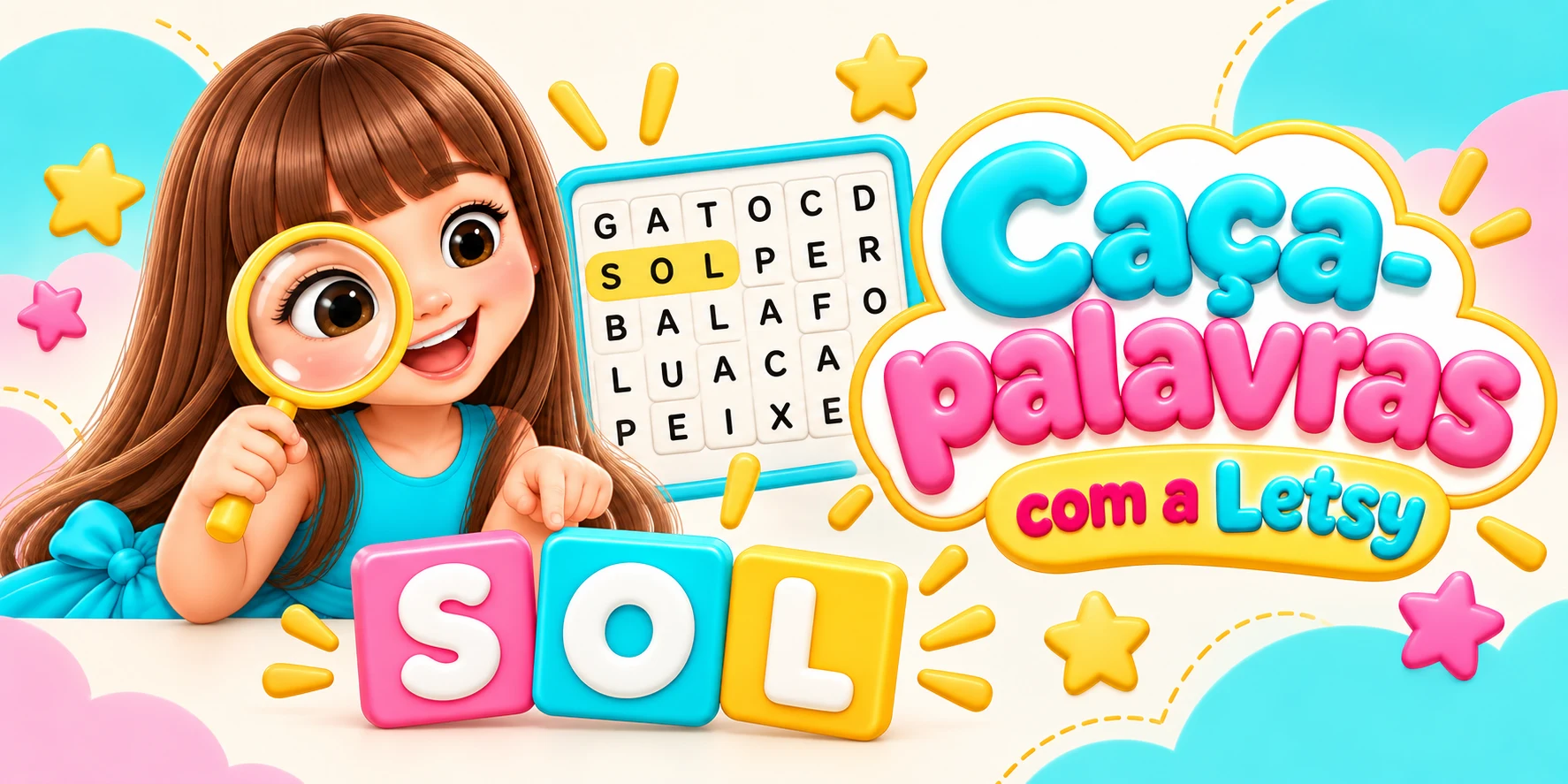 Caça-palavras com a Letsy, lupa e letras coloridas