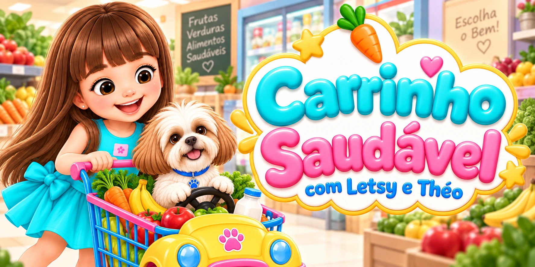 Carrinho Saudável com Letsy e Théo, em letras turquesa e rosa, no supermercado