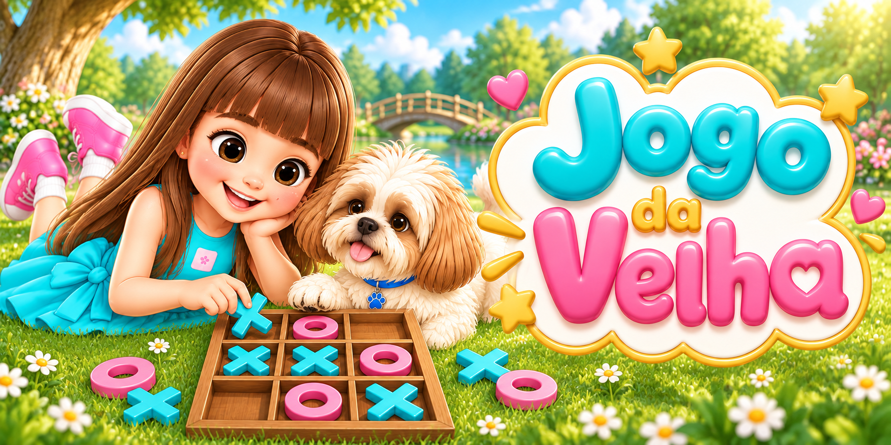 Jogo da Velha: Letsy e Théo brincando no parque, com título colorido