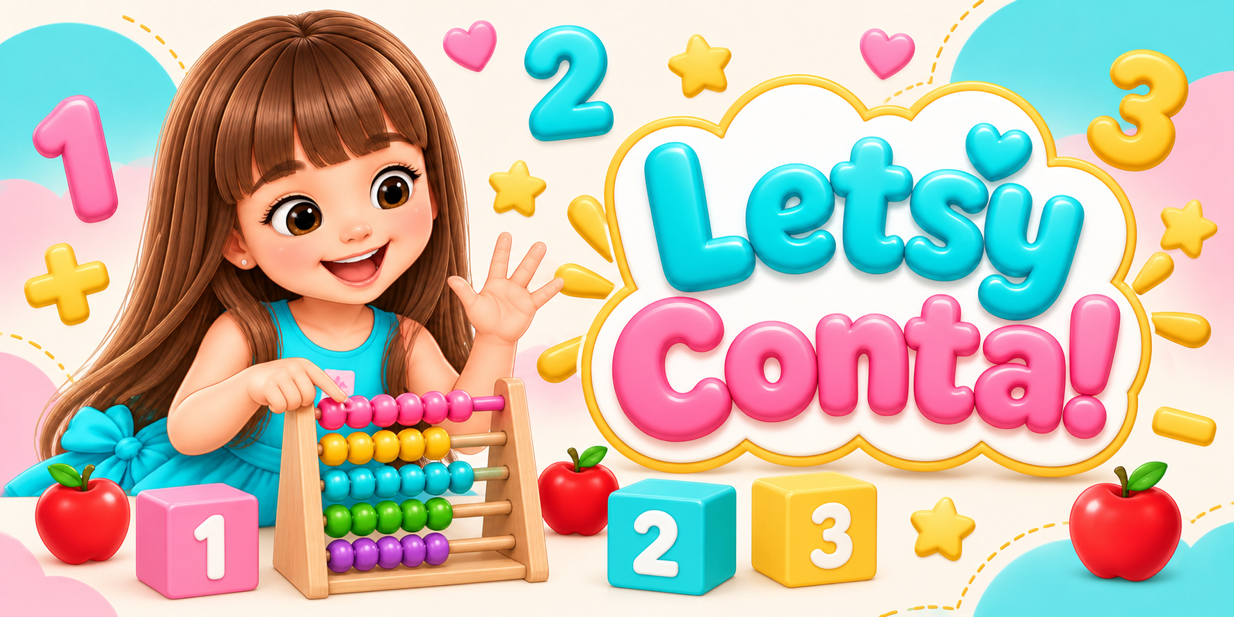 Letsy Conta! com título colorido, ábaco e números de brinquedo